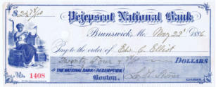 Check of Pejepscot National Bank, Brunswick, Maine, 1886. 